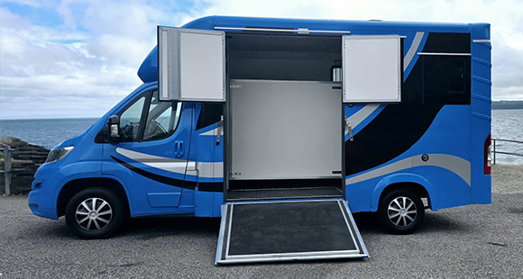 HCS Horse Transport's horsebox opened with the ramp into the horse holding area